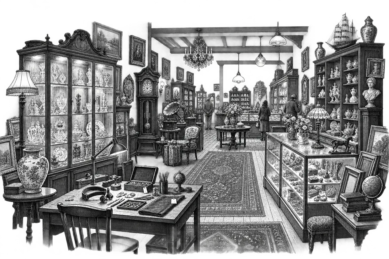 an antique shop interior: crowded shelves of porcelain and glassware, a lit display cabinet, a small workbench with a jeweler's loupe and handwritten price tags