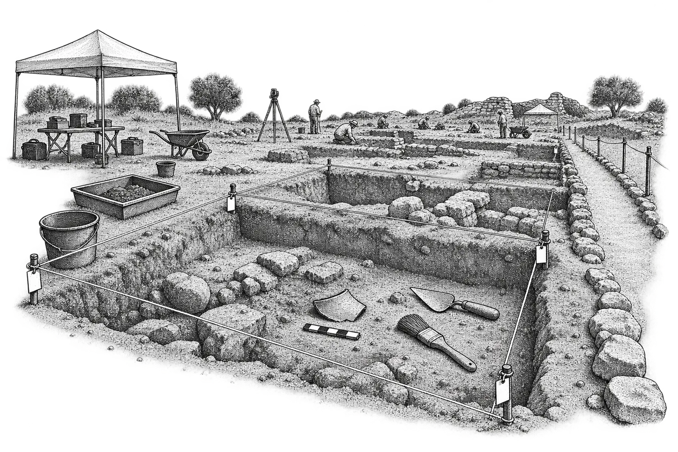 an archaeological excavation square: a grid of string lines with numbered corner tags, a trowel and hand brush resting on a half-dug layer, a photographic scale laid beside a partly exposed potsherd, and a marked walking path along the edge