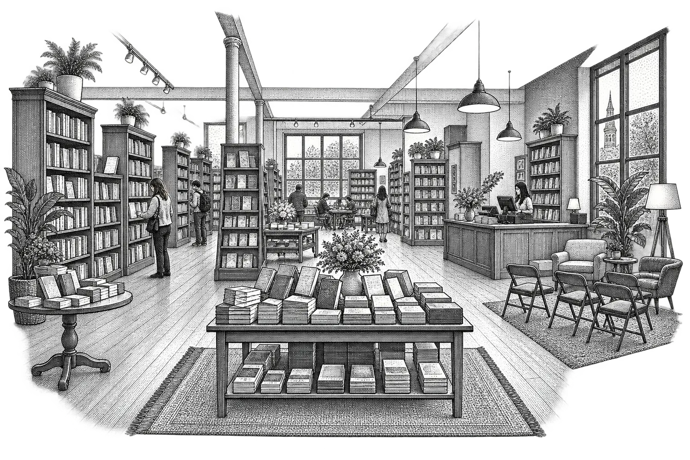 a bookstore interior: a new-releases table at the front, tall shelves by section, a register counter and a corner of chairs for the reading group