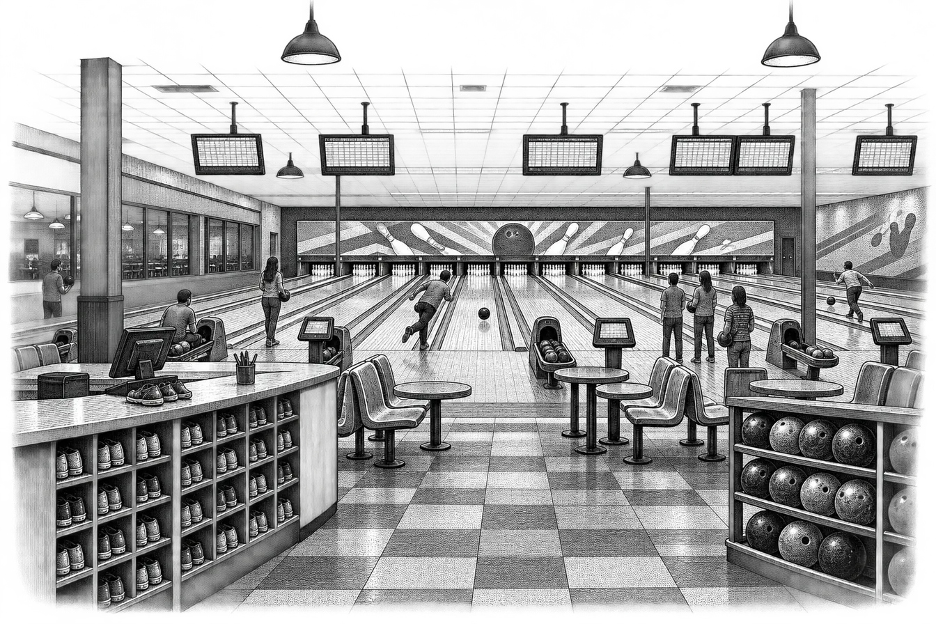 a bowling alley: lanes running to pins at the far end, a shoe-rental counter with cubbies of shoes, ball racks and overhead scoring screens