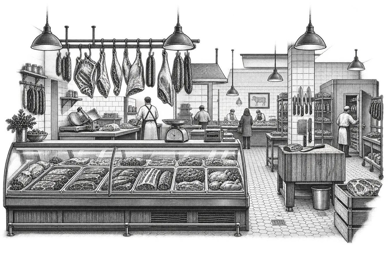 a butcher shop: a refrigerated display case of cuts, a scale on the counter, a chopping block and knives hanging behind