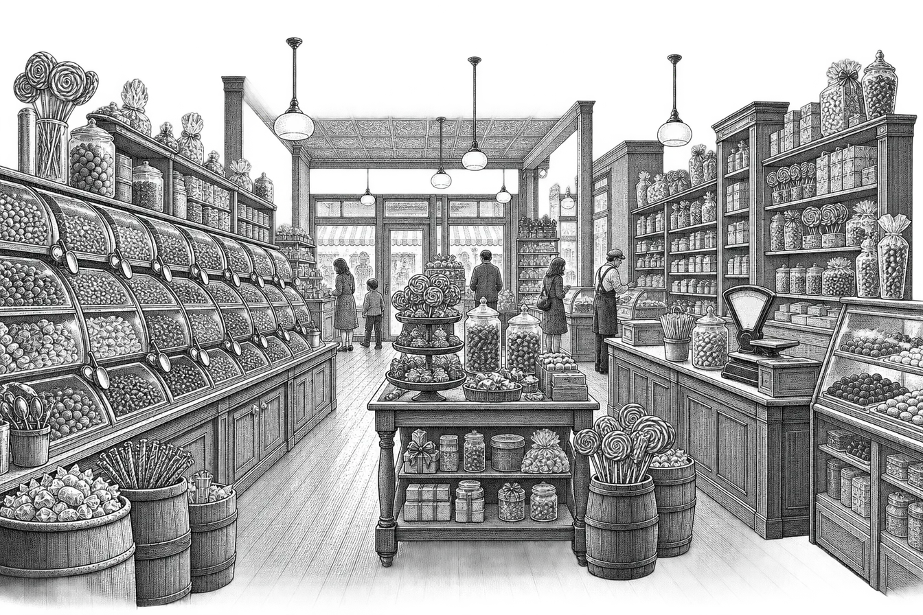 a candy shop: walls of bulk candy bins with scoops, a counter scale and paper bags, shelves of packaged sweets