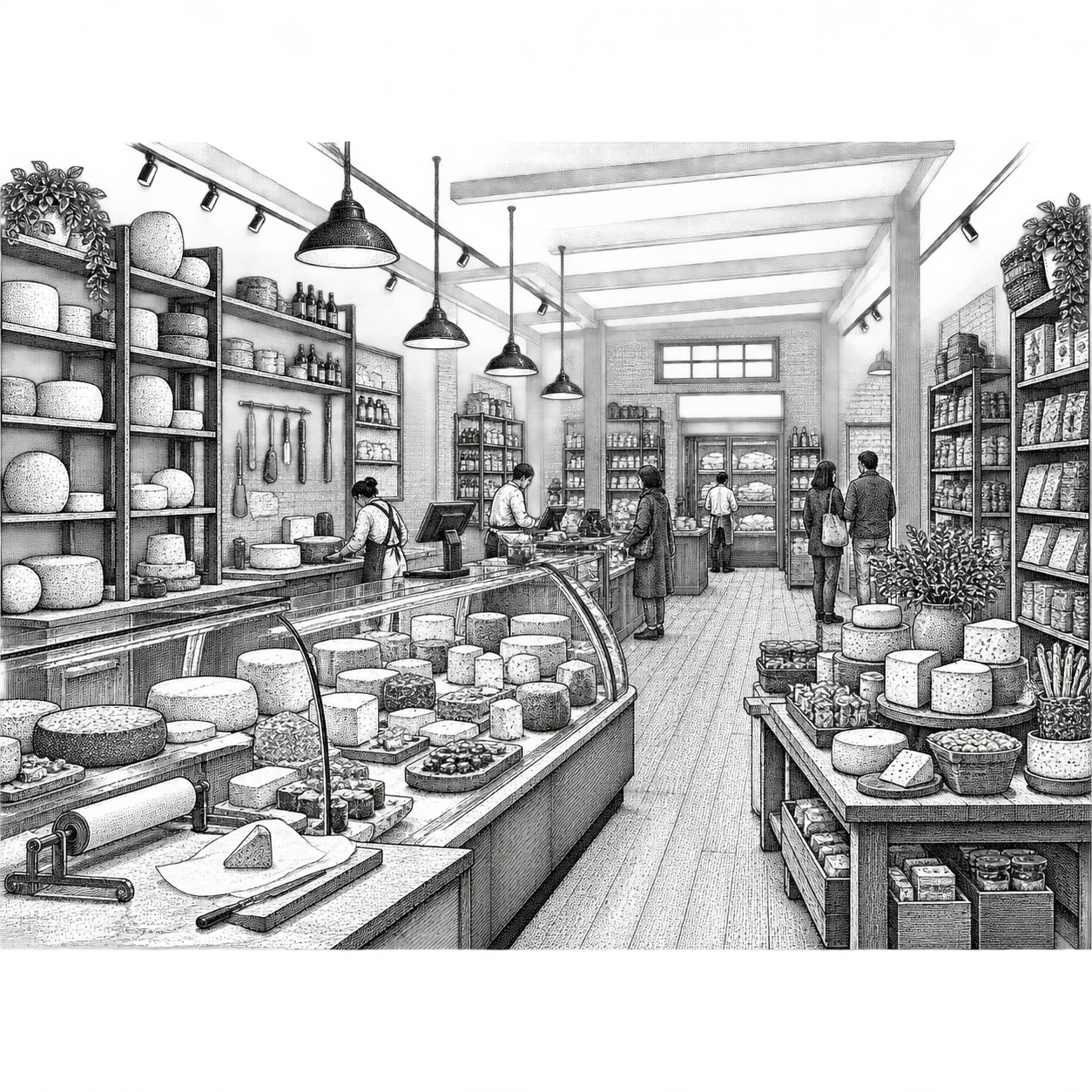 a cheese shop: a counter case of wheels and wedges, a wire cutter and wrapping paper, shelves of crackers behind