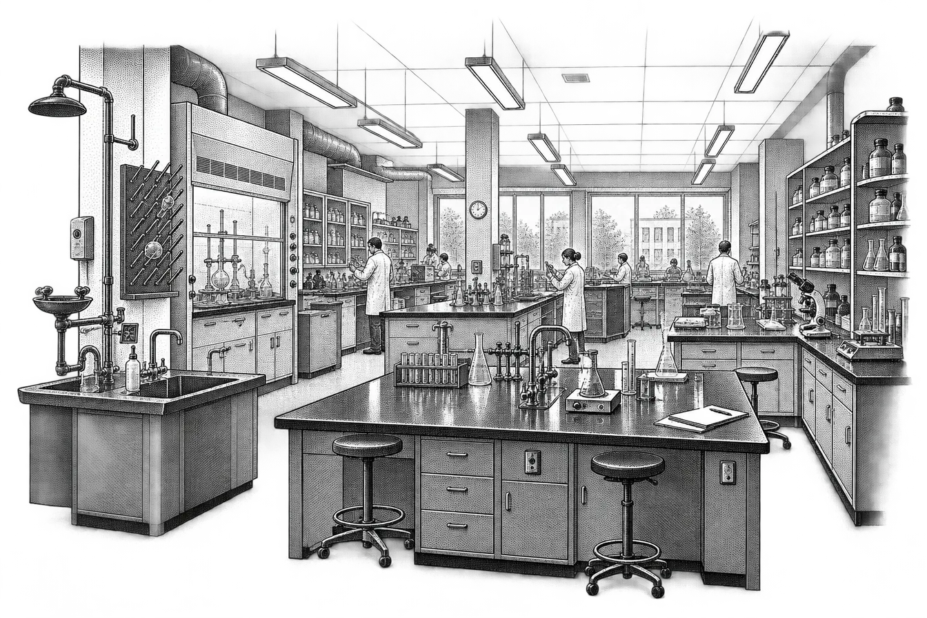 a chemistry teaching lab: rows of benches with flasks and racks, a fume hood, a sink with an eyewash station, reagent shelves