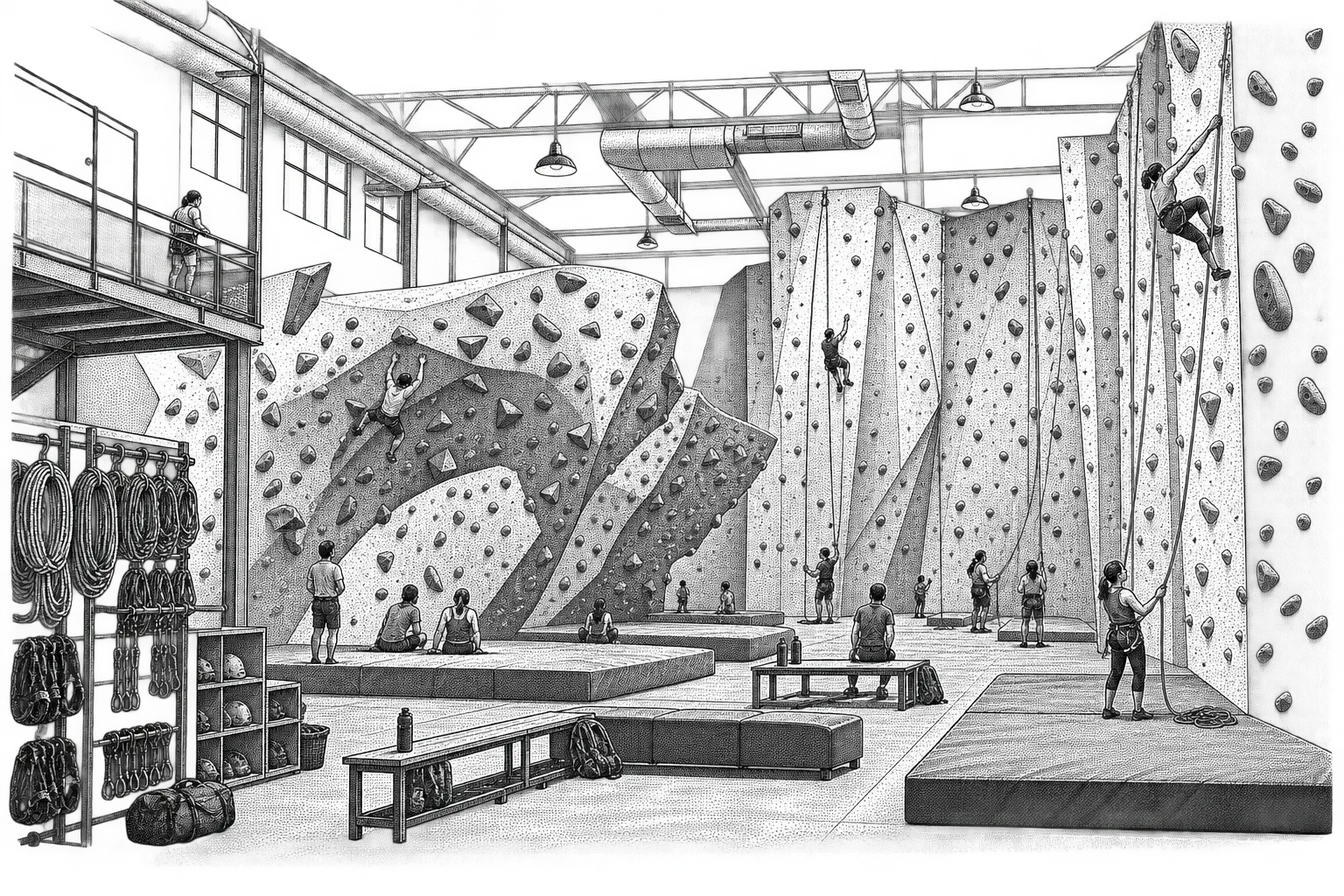 an indoor climbing gym: a tall wall of colored holds, ropes and harnesses on a rack, crash mats across the floor