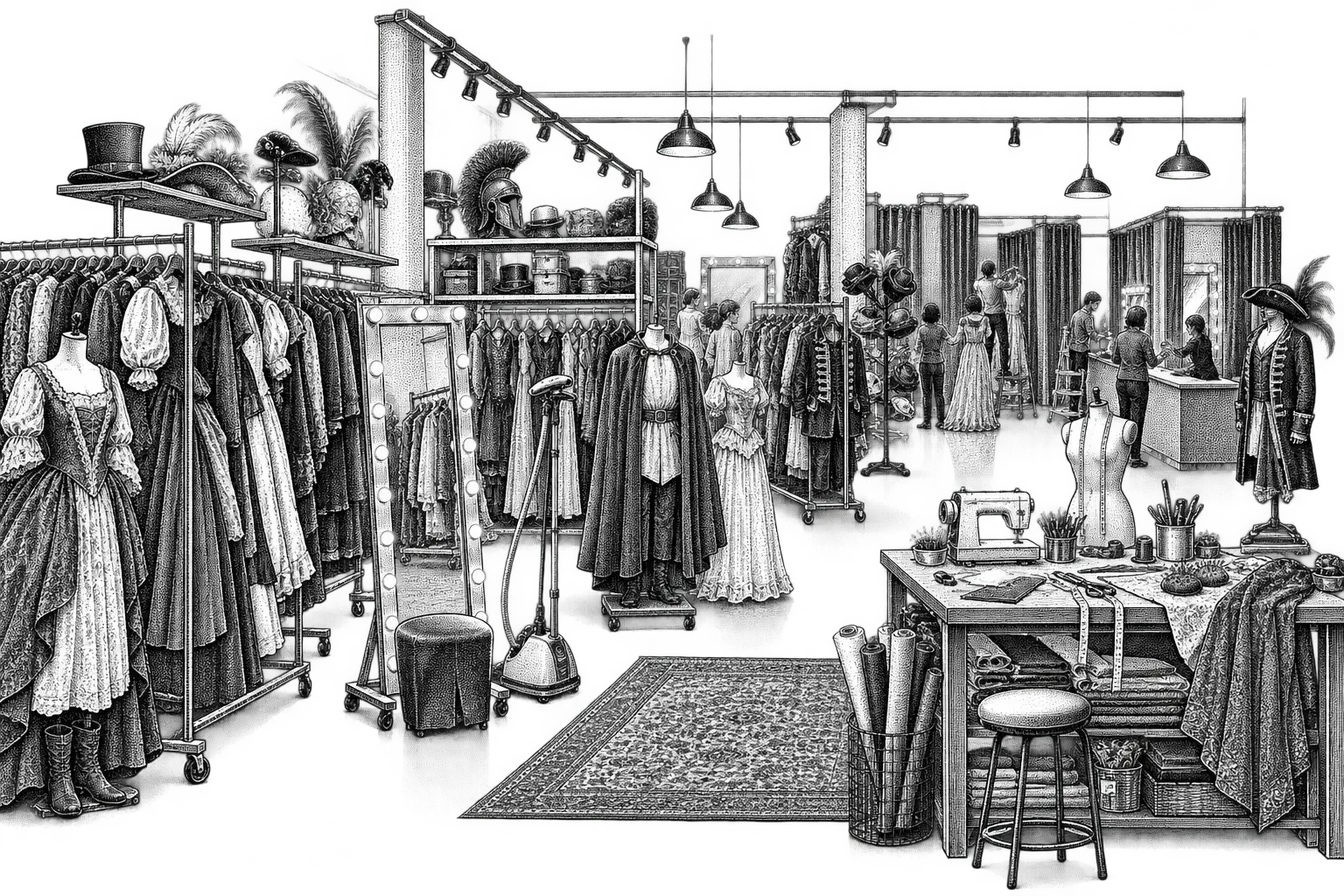 a costume rental shop: dense racks of costumes, a fitting mirror, a garment steamer and a sewing table with pins