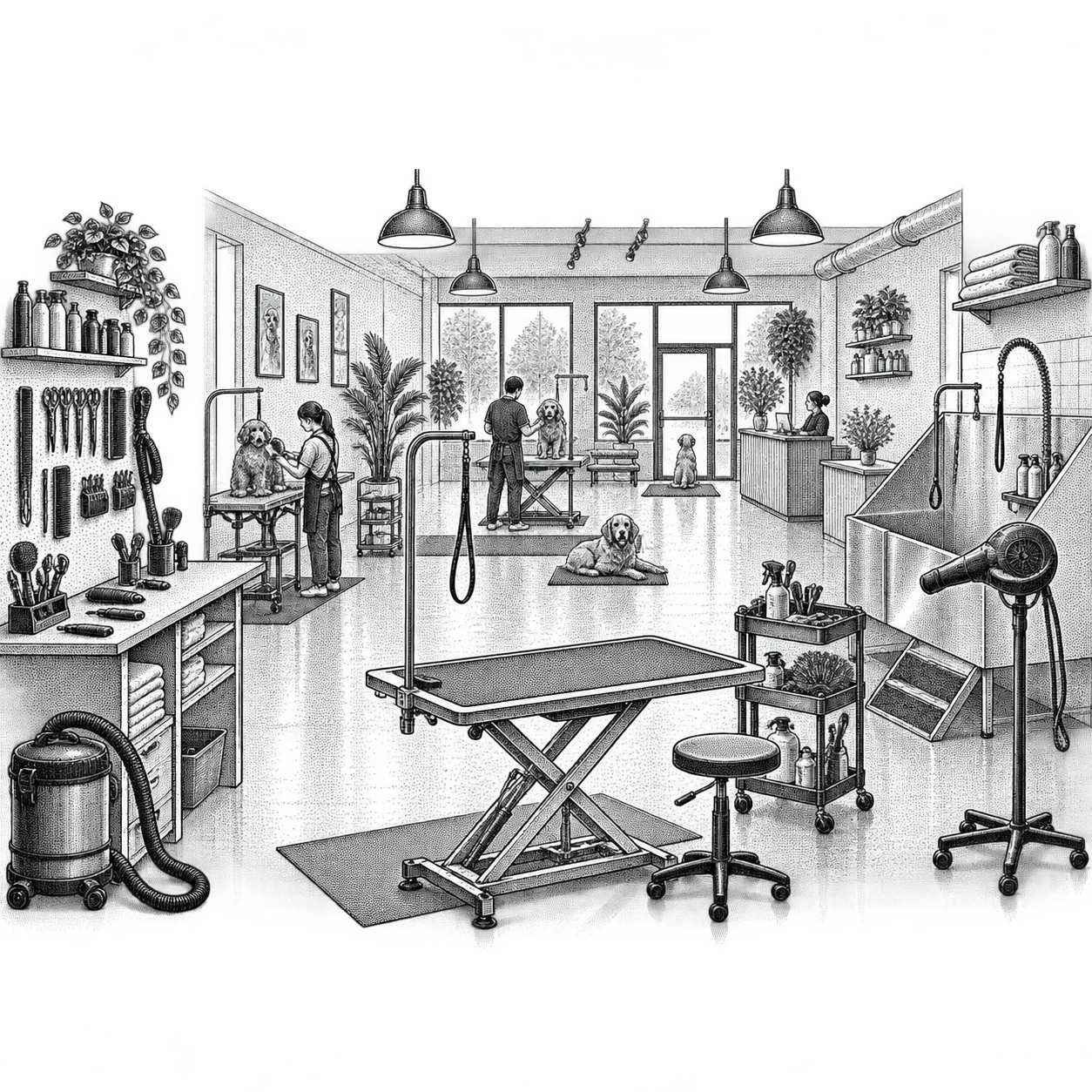 a dog grooming salon: a raised grooming table with a leash arm, a bathing tub with a sprayer, clippers and brushes on a shelf, a stand dryer