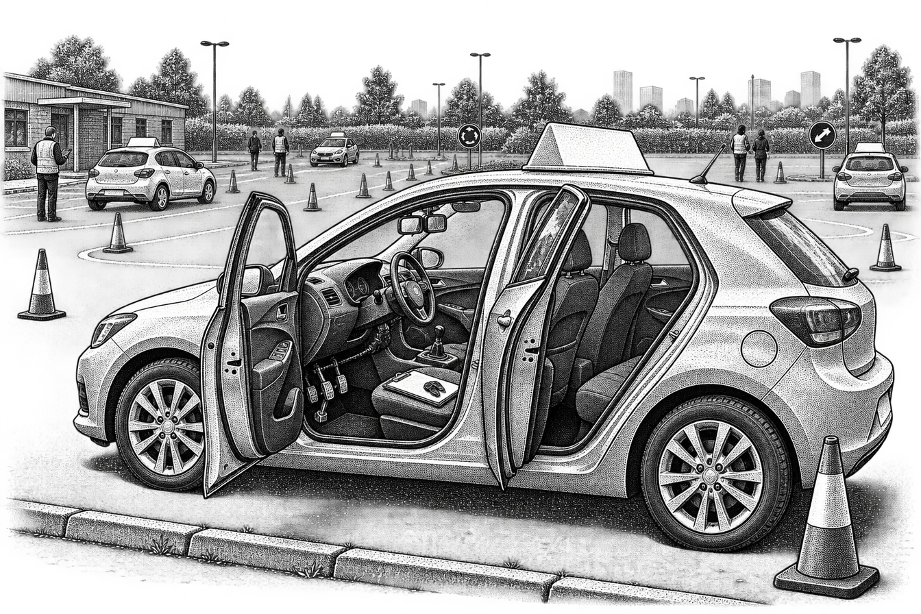 a driving school car at the kerb with its doors open: dual controls visible inside, a roof sign, a clipboard and keys on the seat