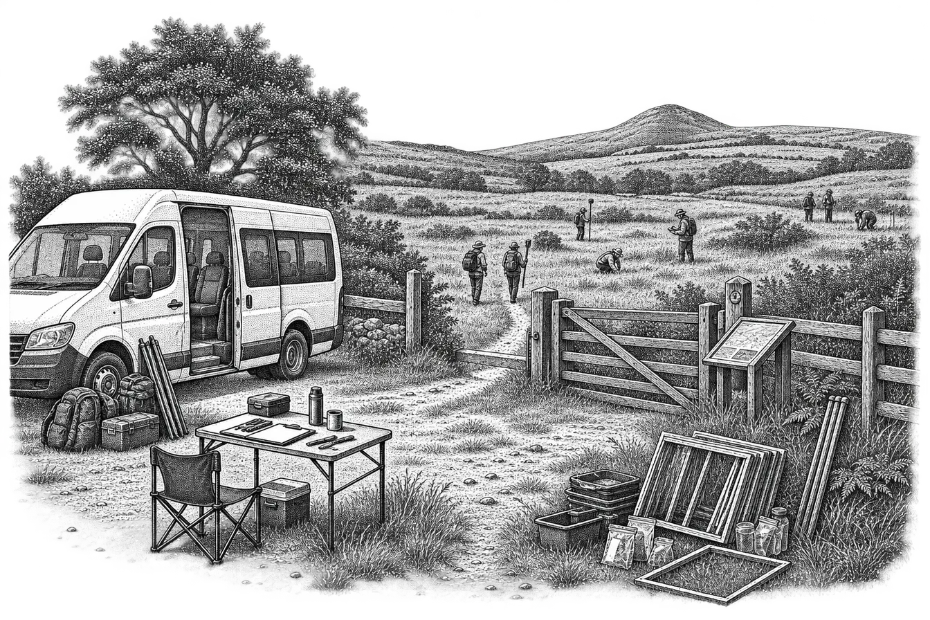a field survey assembly point at the edge of open country: a parked minibus with its door open, a clipboard register on a folding table, quadrat frames and sample bags stacked ready, and a gate in a split-rail fence leading into the site