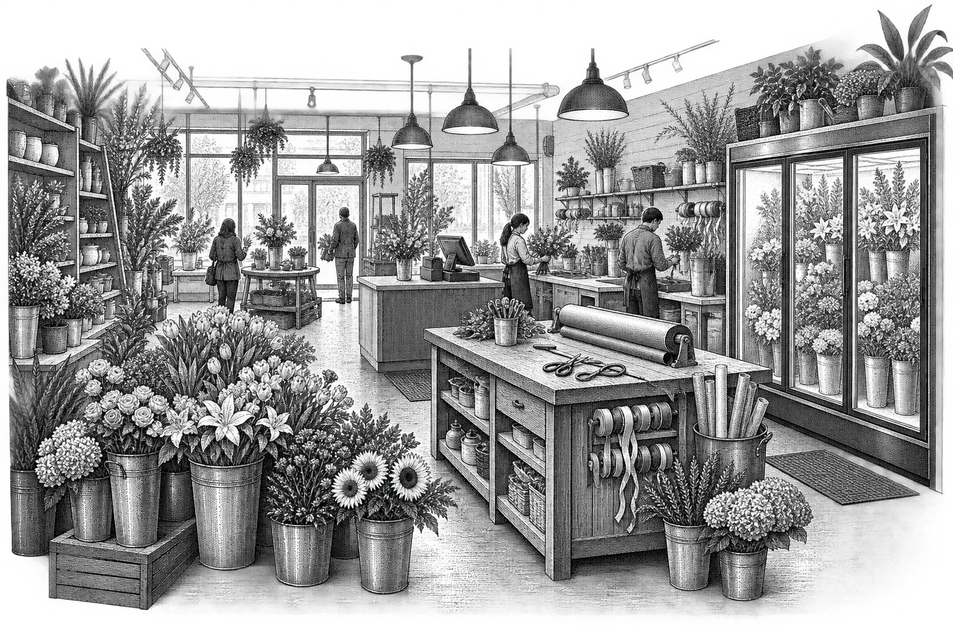 a florist shop: buckets of cut flowers along the floor, a work bench with shears and wrapping paper, a glass-doored cooler