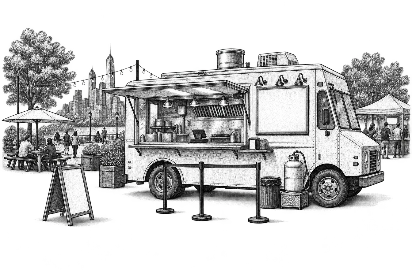 a food truck seen from outside at its open service window: a menu board above the hatch, a napkin dispenser on the ledge, a propane tank and a short queue rail
