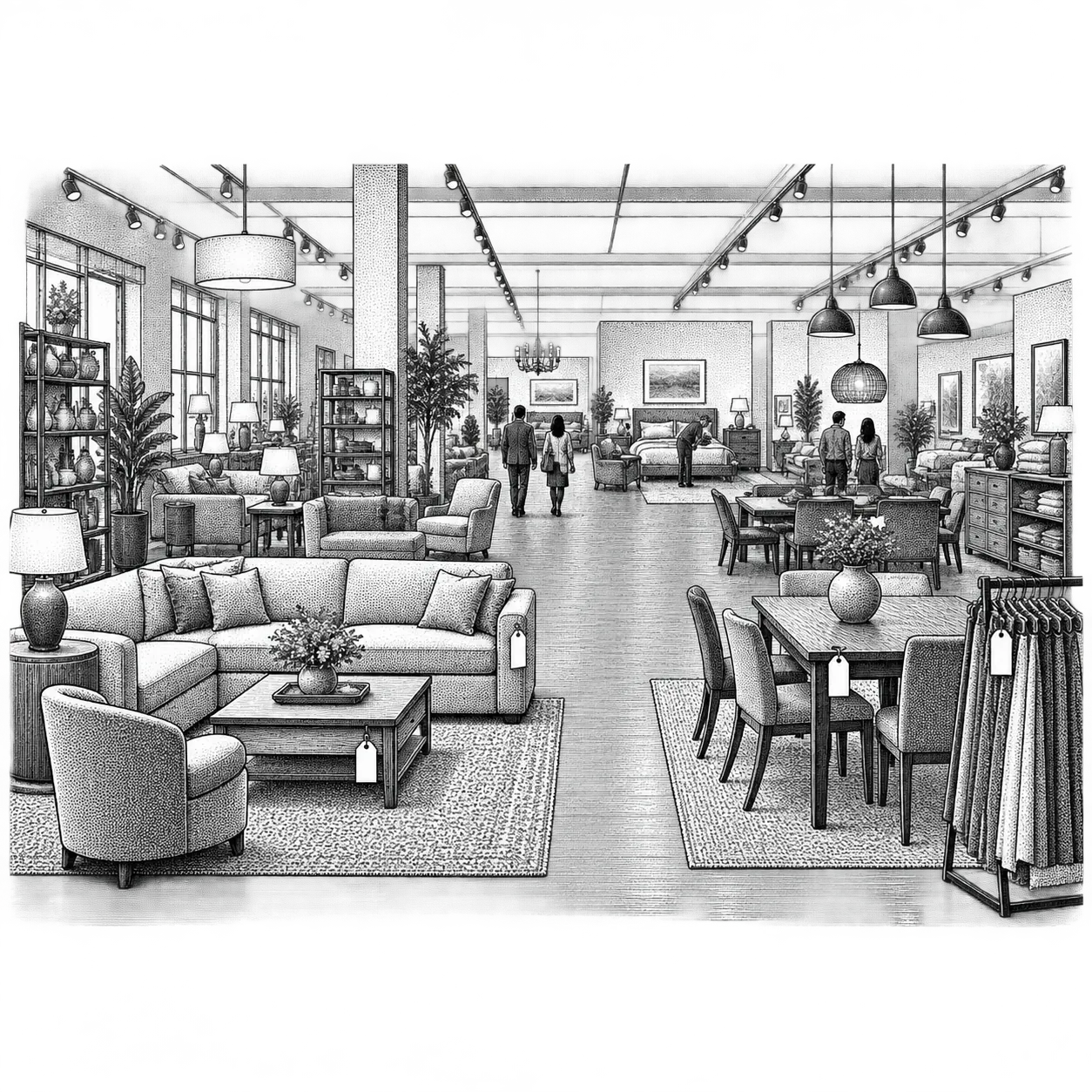 a furniture showroom: staged sofa and dining sets, a fabric swatch rack, hanging price tags and a wide aisle