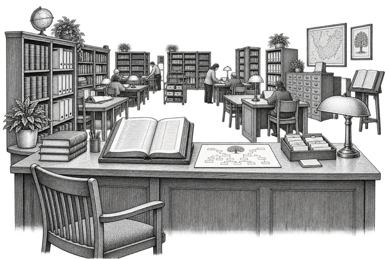 a genealogy help desk in a records office: a bound index volume open on the counter with a visitor chair drawn up beside it, shelves of register volumes behind, a part-filled family tree chart, and a tray of note slips for recording sources