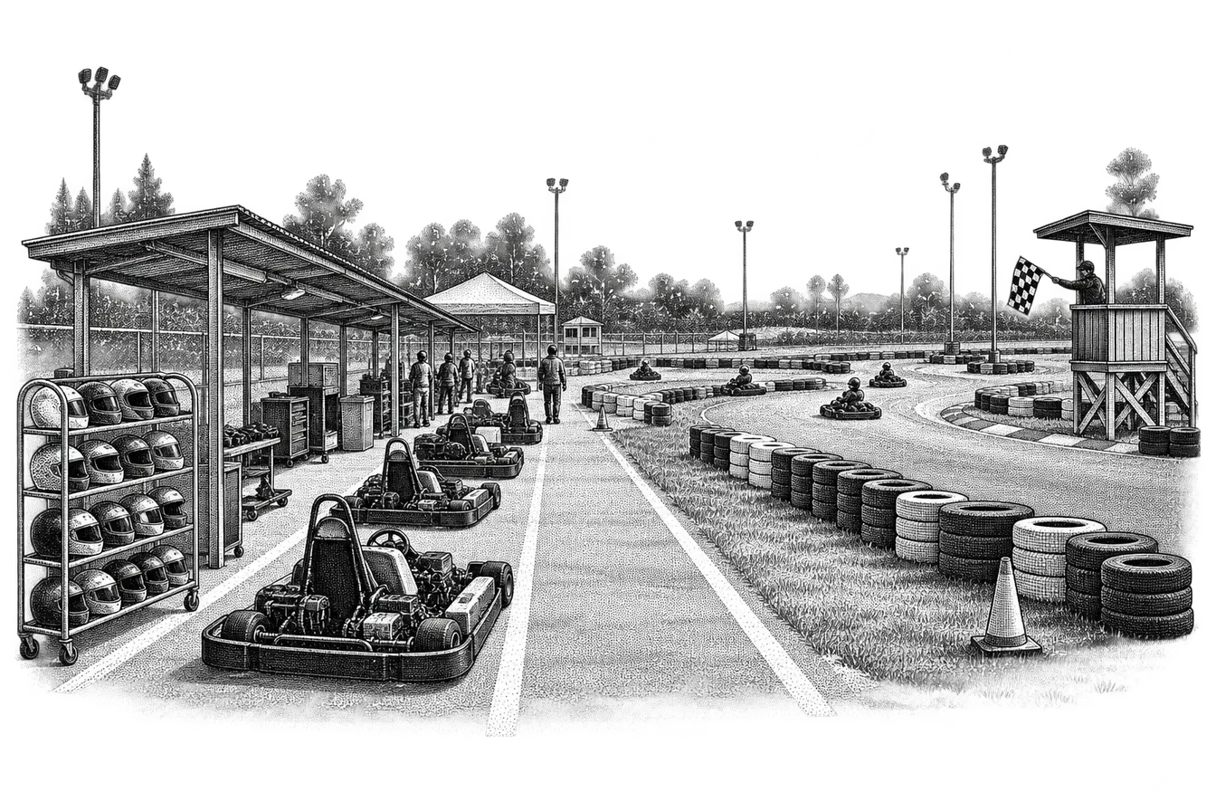 an outdoor go-kart track: karts lined up in the pit lane, tyre-wall barriers, a flag stand and helmets on a rack