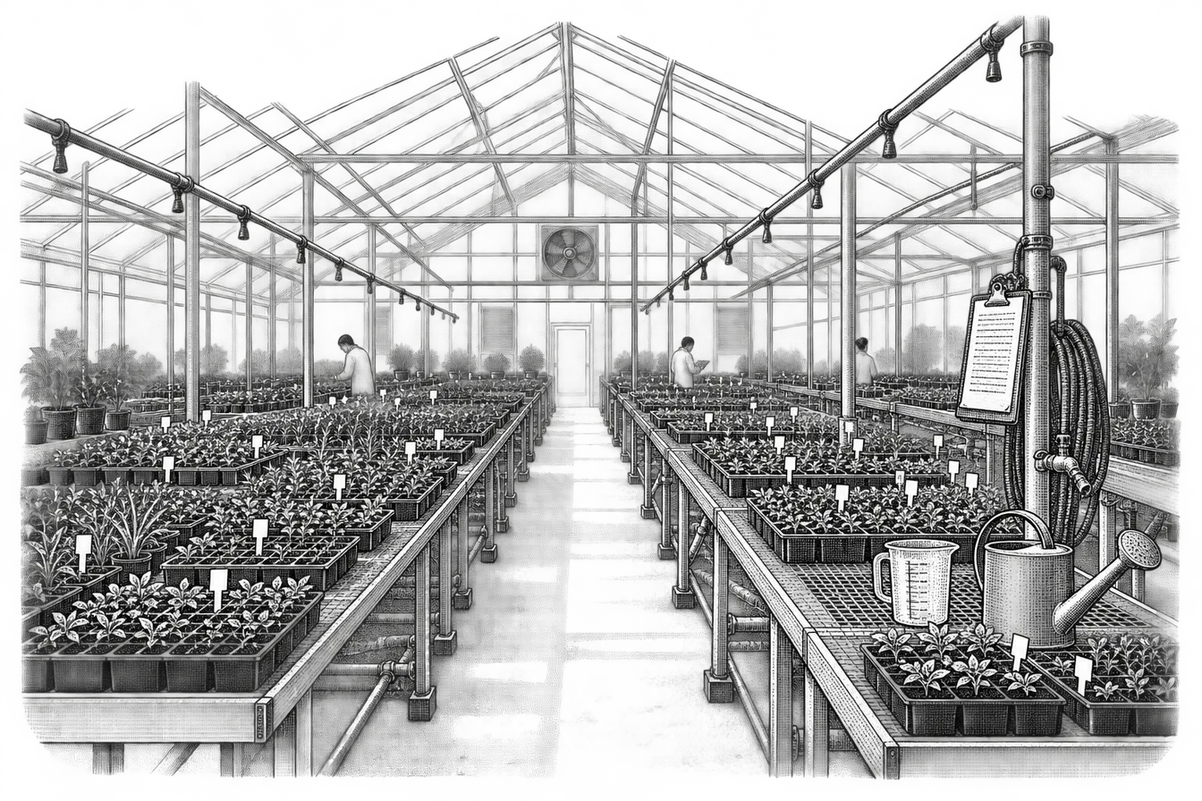 a research greenhouse: benches of seedling trays each tagged to a study, a measuring jug and hand watering can at the end of a row, a clipboard log of watering times hanging on a hook, and overhead irrigation pipes running unused above the benches