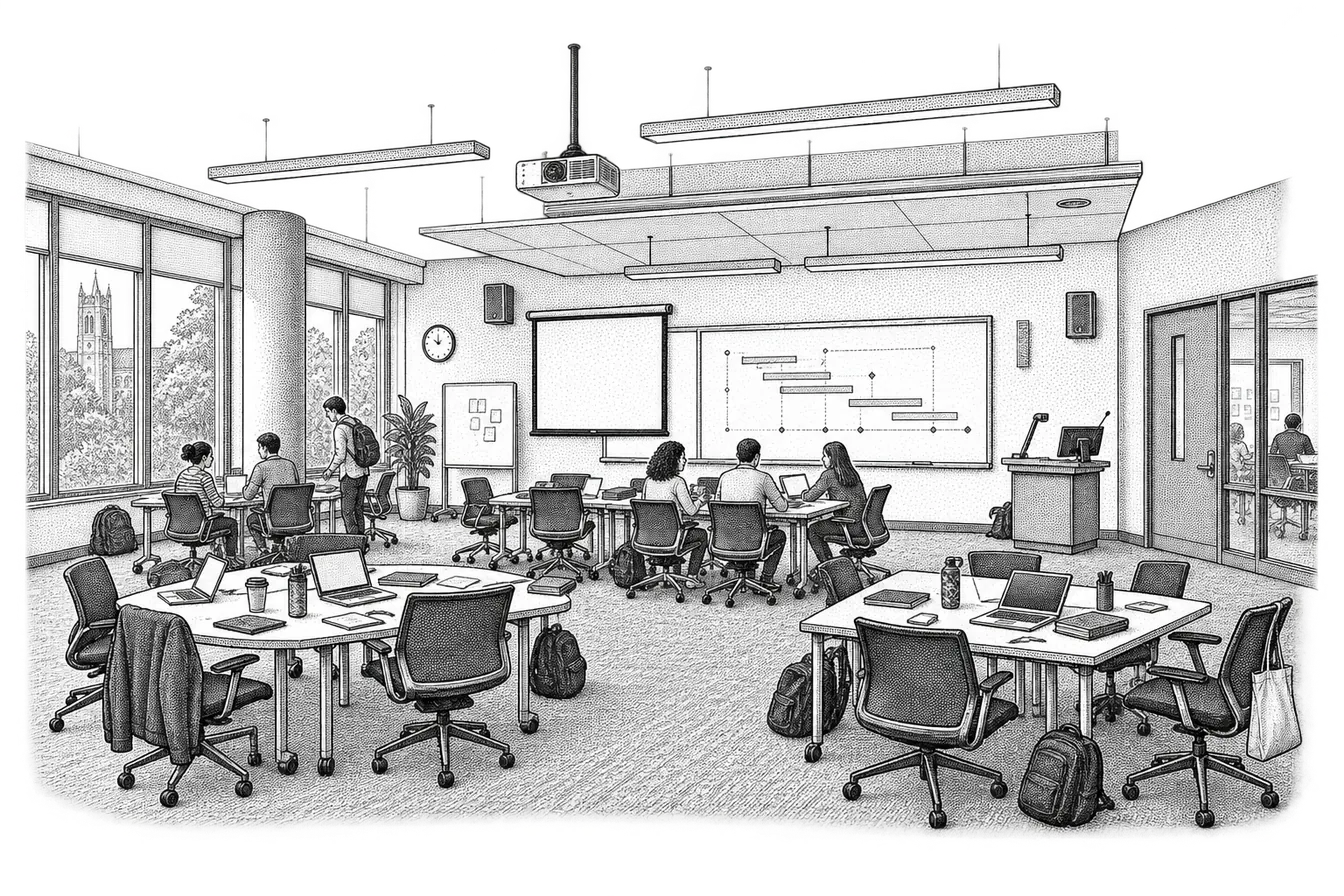 a university seminar room set up for group work: tables pushed into clusters with laptops and printed drafts, a whiteboard at the front showing a term timeline of deadlines, and a lectern to one side