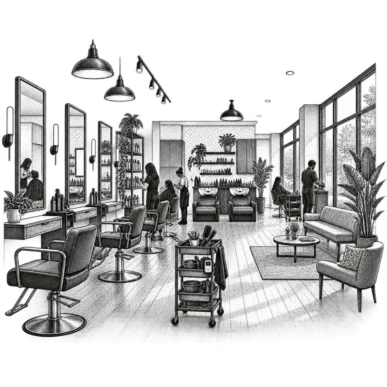 a hair salon: styling chairs facing wall mirrors, a color trolley of tint bowls and brushes with a timer clipped to it, a shampoo basin at the back and a small waiting bench by the window