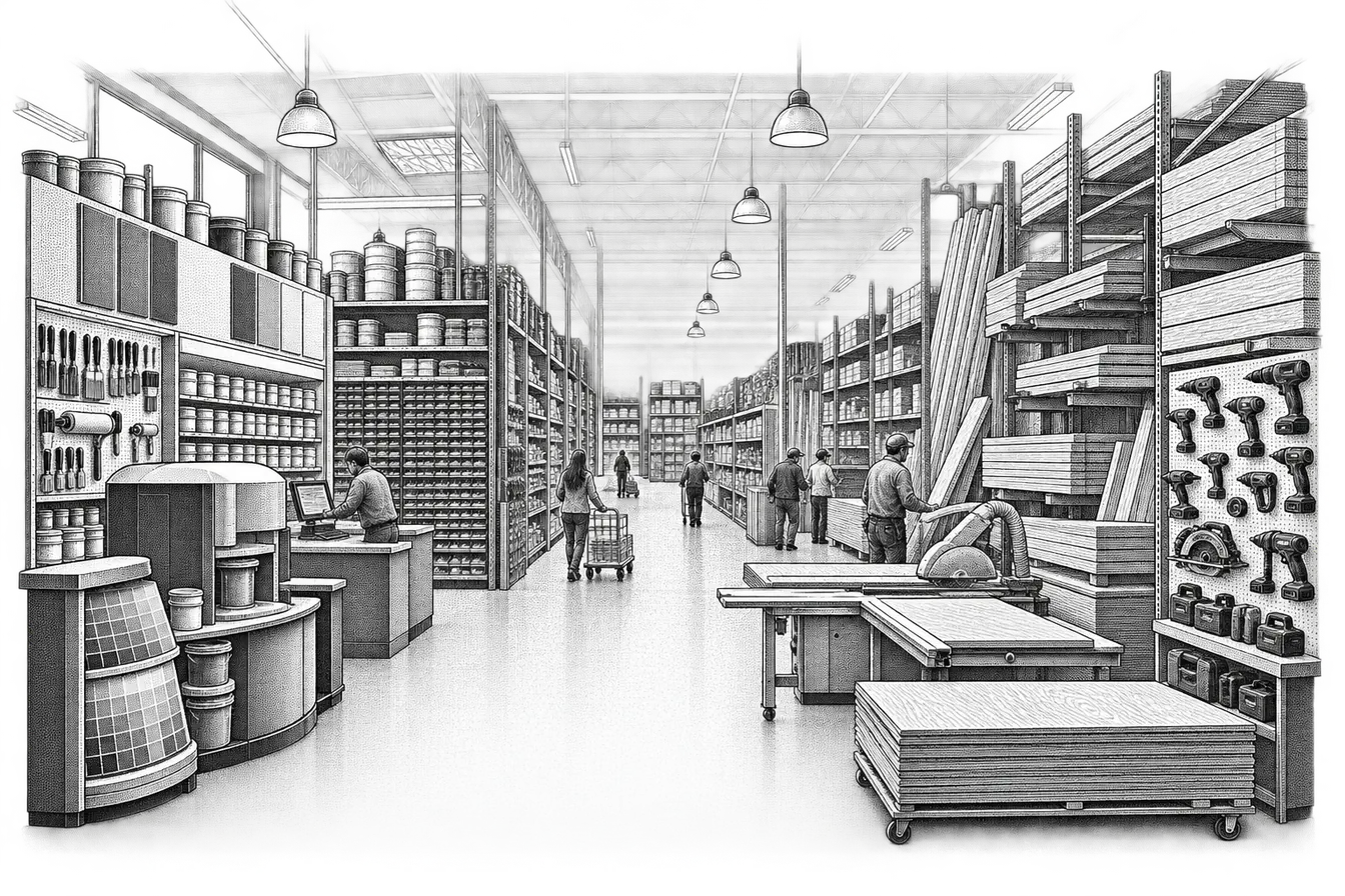 a hardware store aisle: a paint-mixing station, bins of fasteners, stacked lumber beside a panel-cutting saw, and power tools hanging on a board