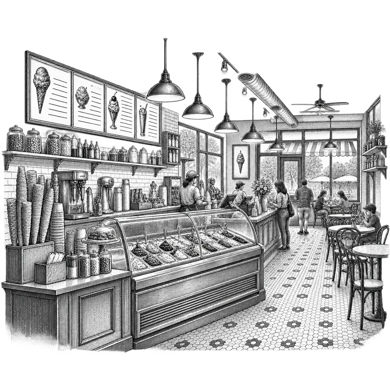 an ice cream shop counter: a chilled tub case with scoops in water wells, stacked cones, topping shakers and a menu board