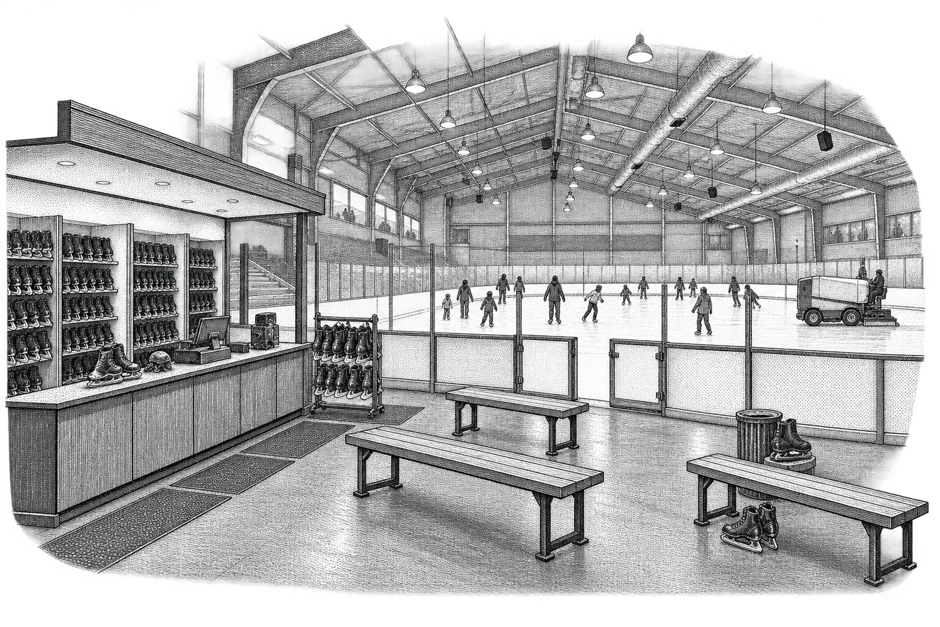 an indoor ice rink: the ice surface behind barrier boards, a skate-hire counter with racks of skates, benches for lacing up