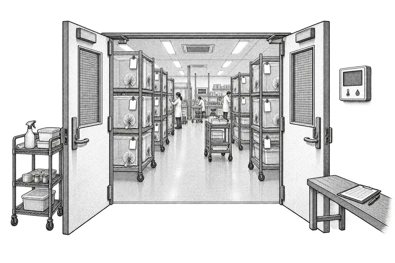 an insect rearing room seen from its double-door vestibule: a temperature and humidity display beside the inner door, racks of mesh rearing cages each with a feeding schedule card clipped to it, and a log sheet on a small bench by the entrance