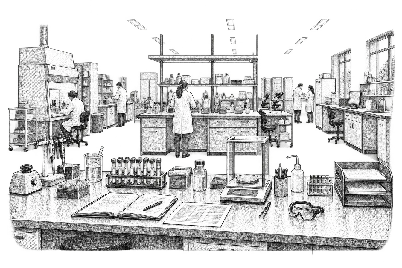 a teaching lab bench set up for recording results: labeled sample vials in a rack, an open lab notebook and a printed datasheet beside a balance, and a submission tray at the end of the bench
