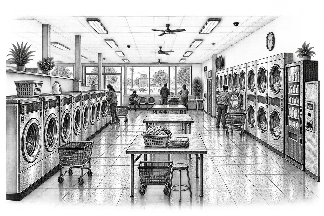 a laundromat: a row of front-loading washers facing dryers, folding tables down the middle, a detergent vending machine and a change machine