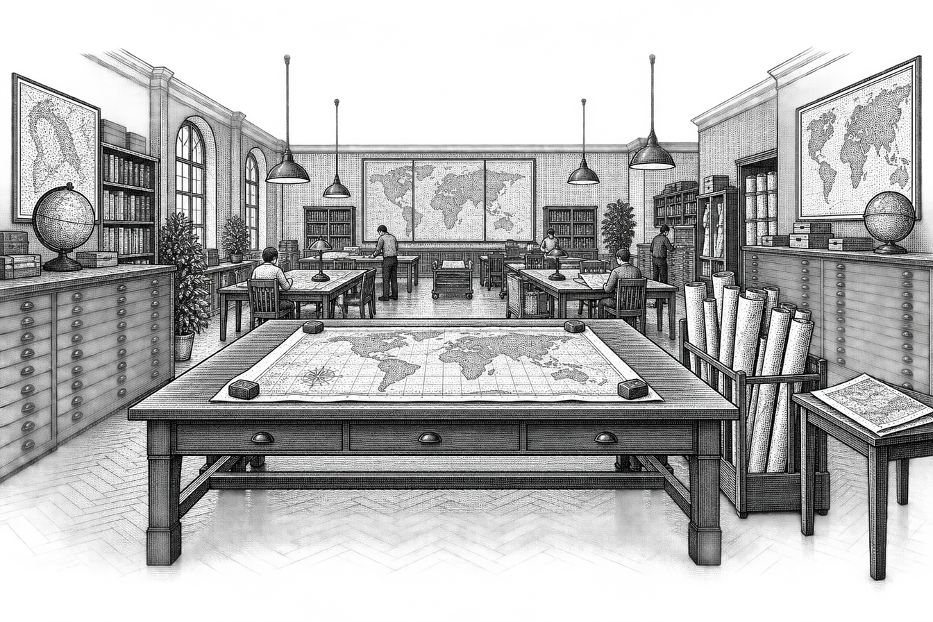 a library map room: a large table cleared of everything but one partly unrolled map, a padded weight holding down each corner, a rack of rolled maps standing upright nearby, and a folded map set to one side