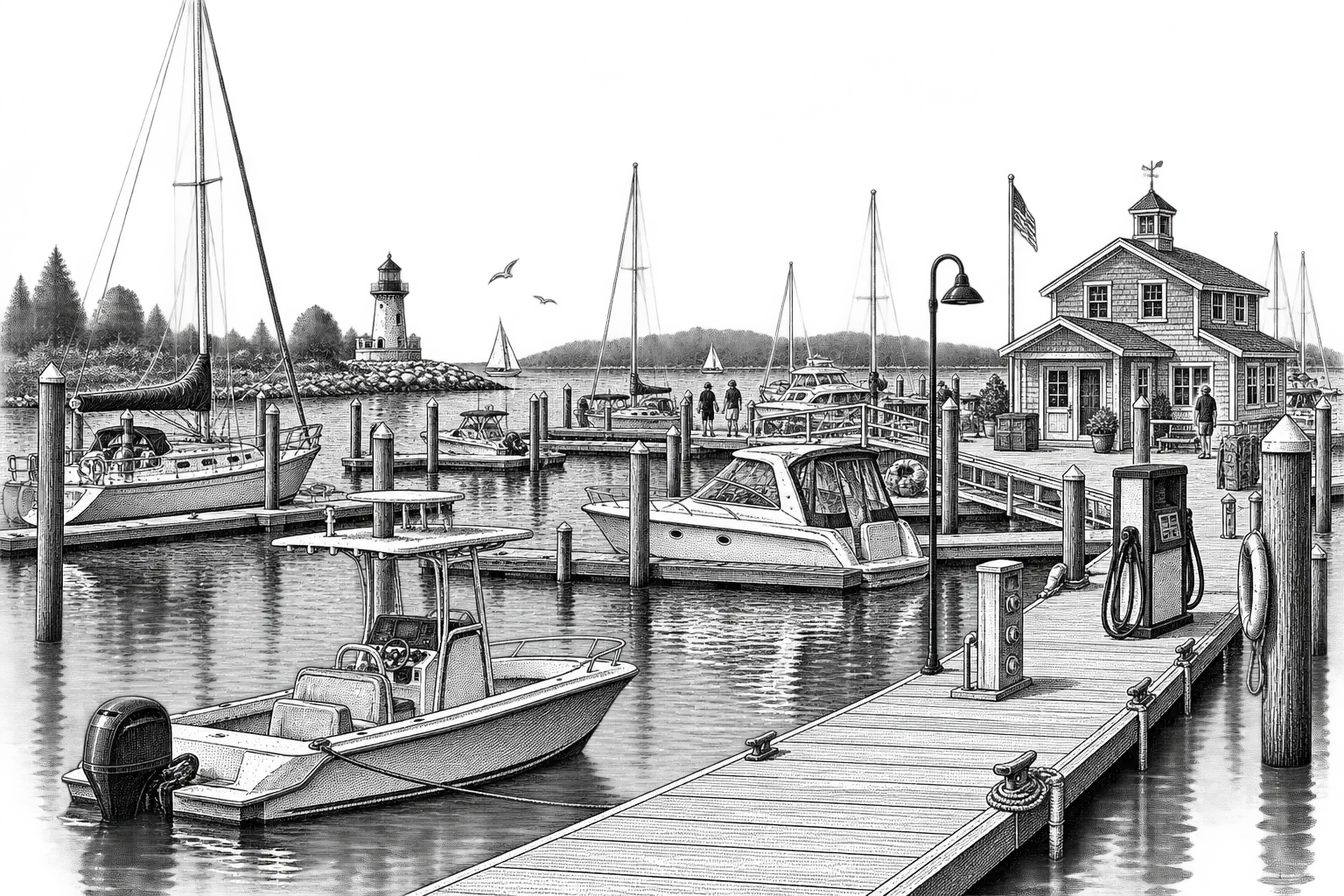 a marina dock: small rental boats moored along a floating jetty, a fuel pump on the dock, life jackets on a rack