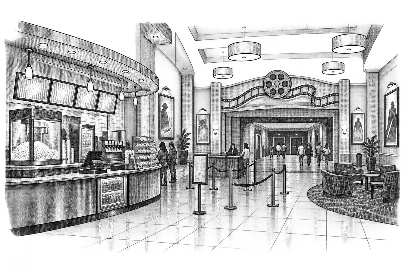 a cinema lobby: a concession counter with a popcorn warmer and drink fountain, a ticket podium, auditorium doors beyond
