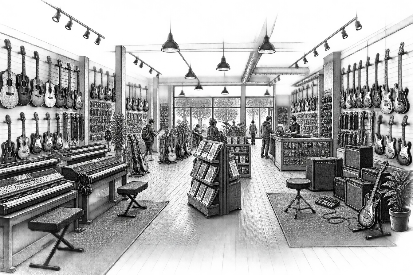 a music shop: guitars hung along the wall, keyboards on stands, a counter with tuners and cases, racks of sheet music