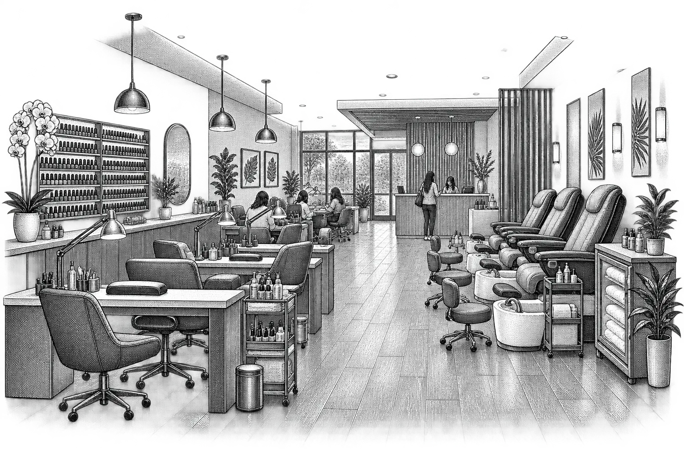 a nail salon: manicure tables with lamps, a wall rack of polish bottles, a soaking bowl and a tray of tools