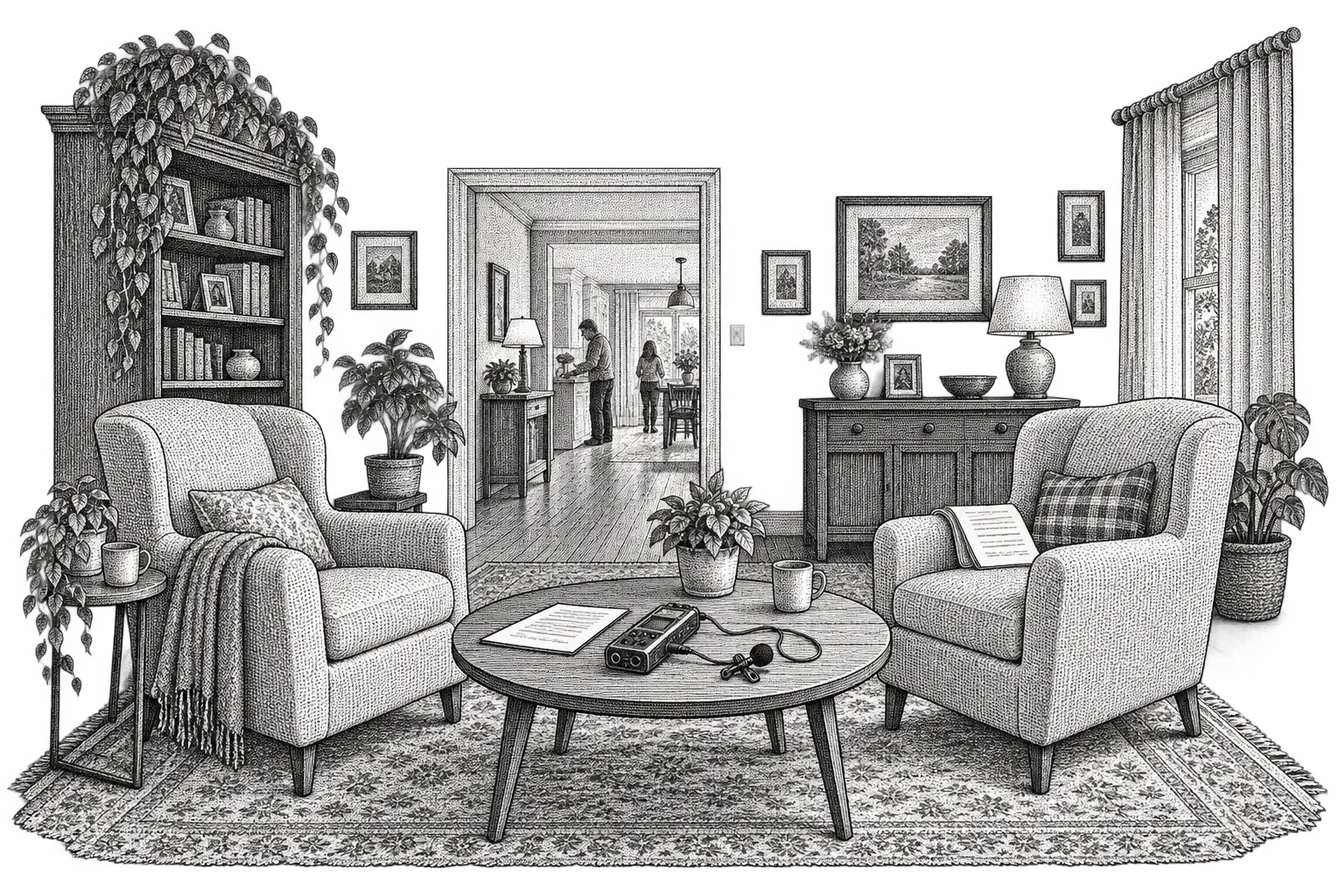 an oral history interview set up in a front room: two armchairs turned to face each other, a small audio recorder and clip-on microphone on the low table between them, a signed consent form beside it, and a short list of opening questions on the interviewer's knee
