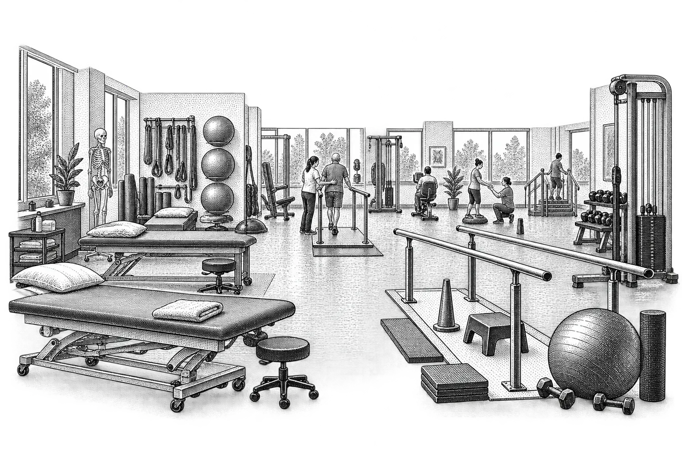 a physical therapy clinic gym: treatment tables with mats, resistance bands on a rack, parallel bars and an exercise ball
