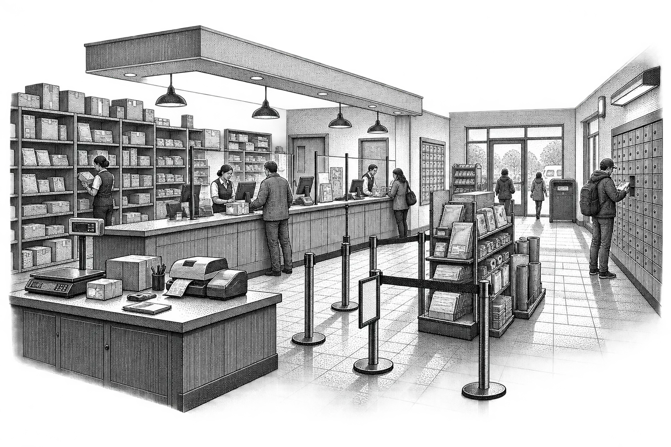 a post office counter: a parcel scale and franking machine, shelves of packages behind, a queue rail and a wall of PO boxes