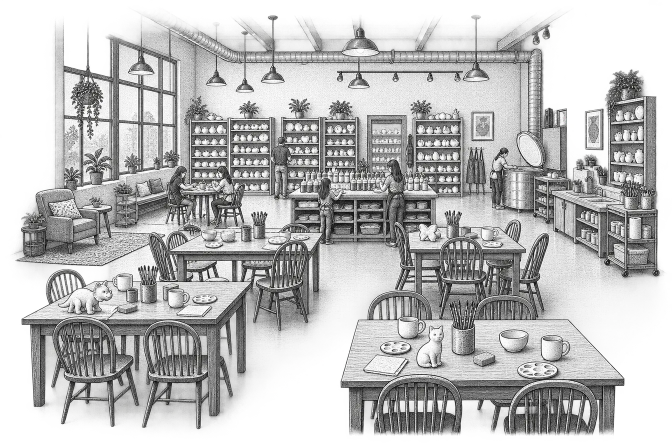 a pottery painting studio: tables set with unpainted bisque pieces and brushes, shelves of blank pottery, a paint station and a kiln at the back
