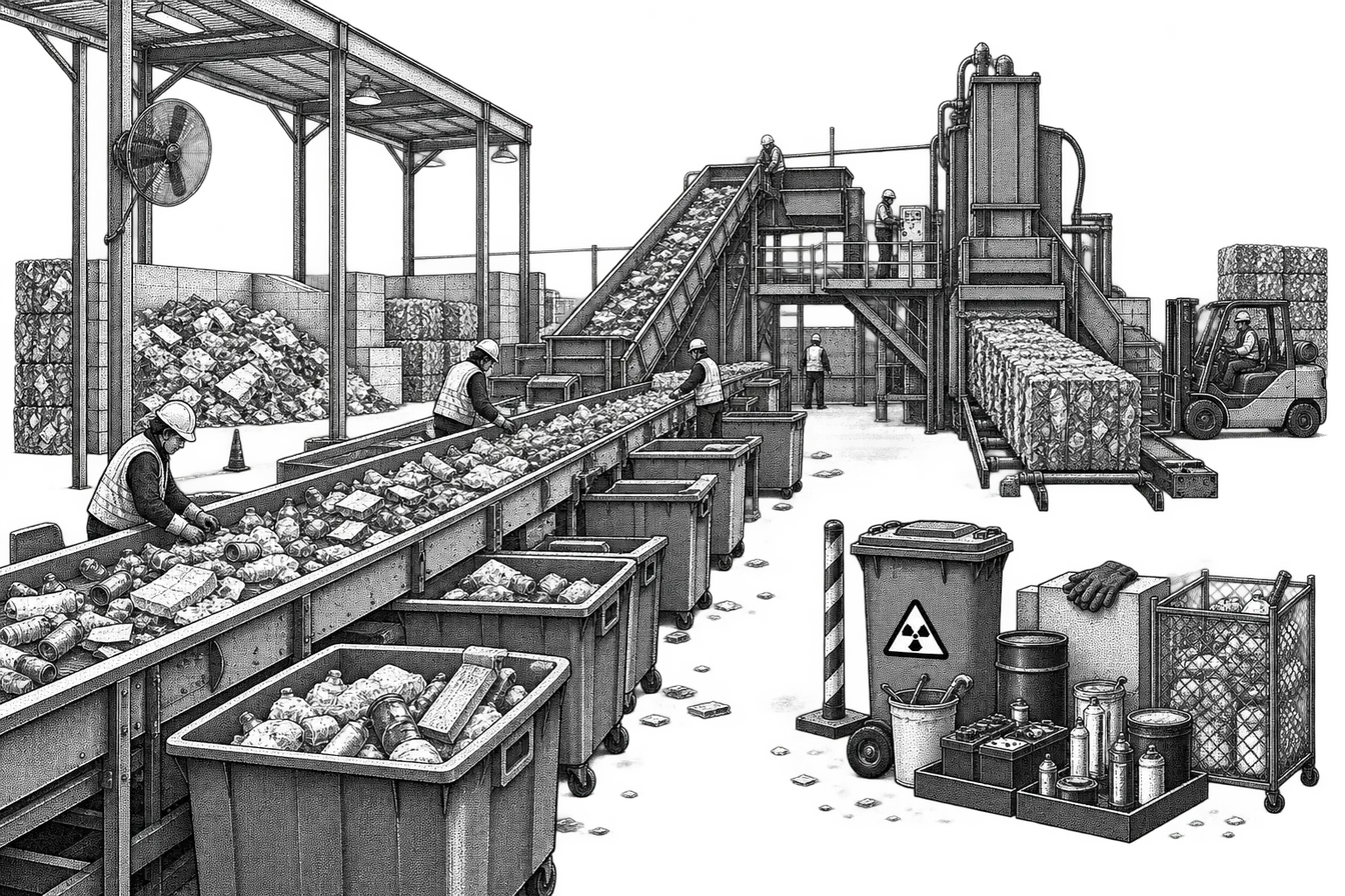 a recycling sorting facility: a conveyor sorting belt with bins alongside, a baler beyond, heavy gloves and a marked hazardous bin