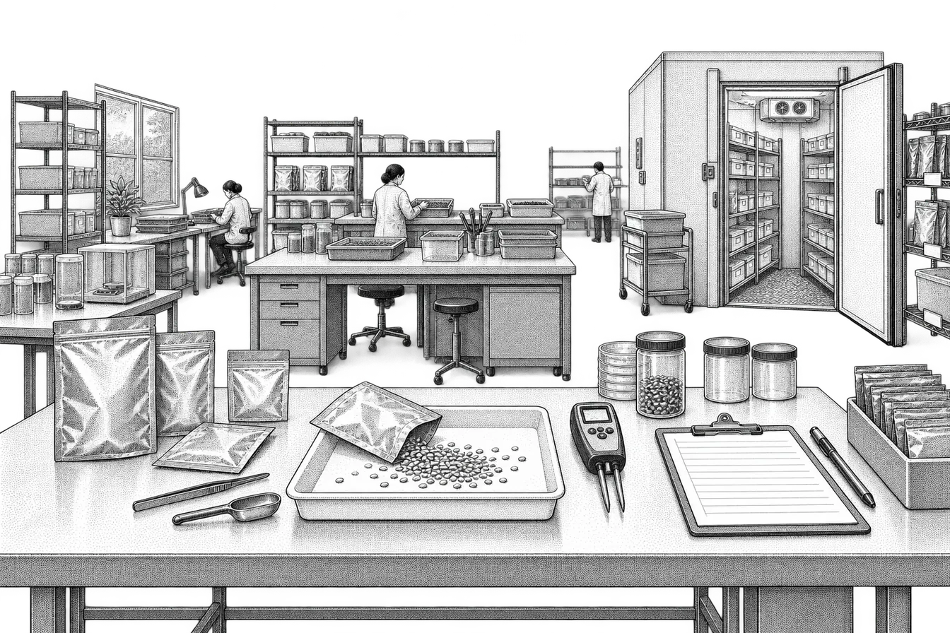 a seed bank intake bench: an open packet emptied over a clean white sorting tray, a moisture meter and an intake log beside it, sealed foil packets ready to go, and the cold room door standing ajar with labeled shelves inside