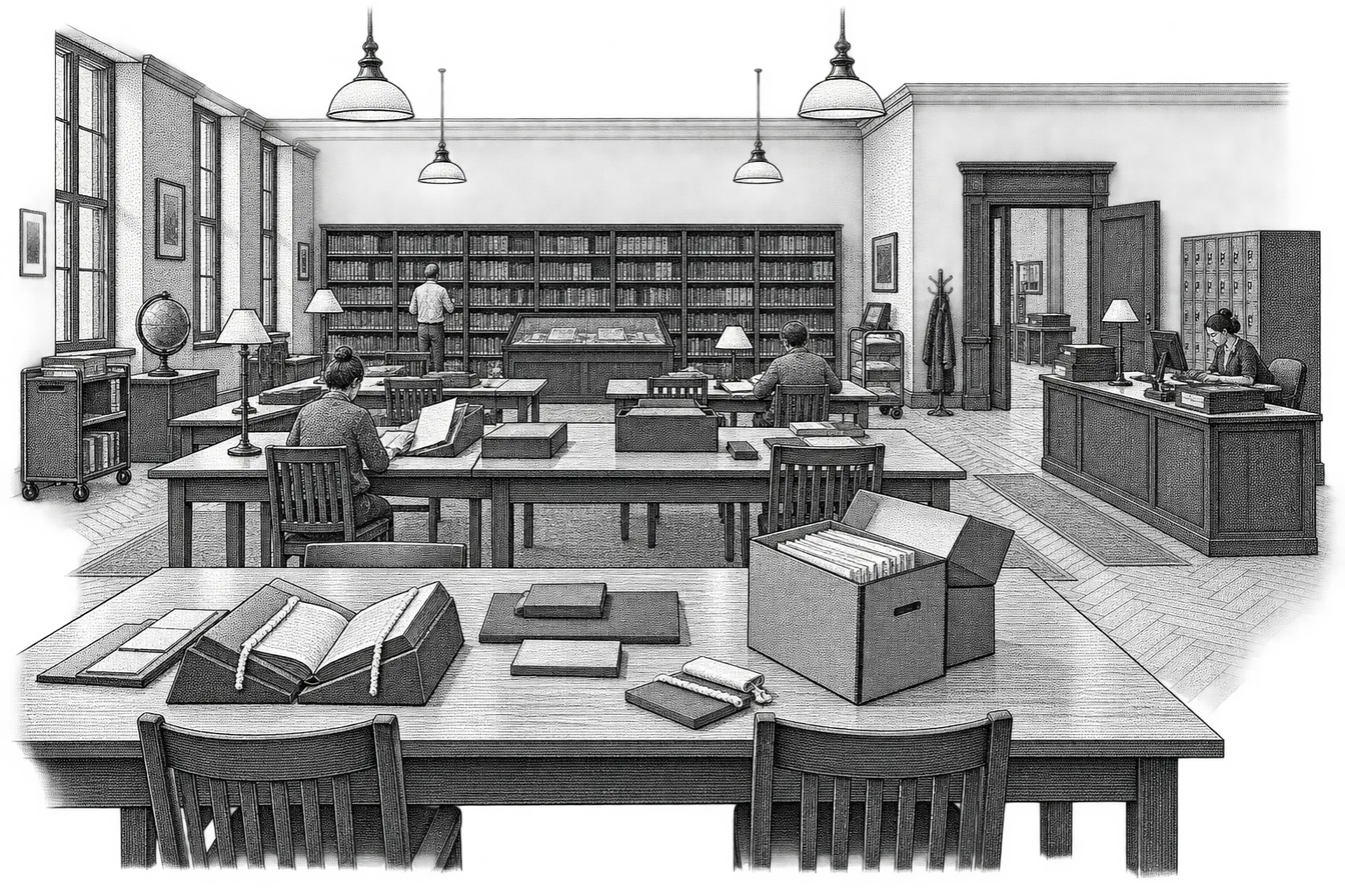 a special collections reading room: wide tables with foam book cradles and weights, a grey archive box open on one table with folders standing upright inside, a call-slip tray on the staff desk and a bank of lockers by the door