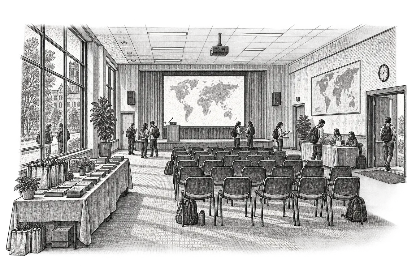 a university orientation room: rows of chairs facing a projector screen, a long table by the door stacked with welcome packs and forms, a world map on the wall and a staffed sign-in desk