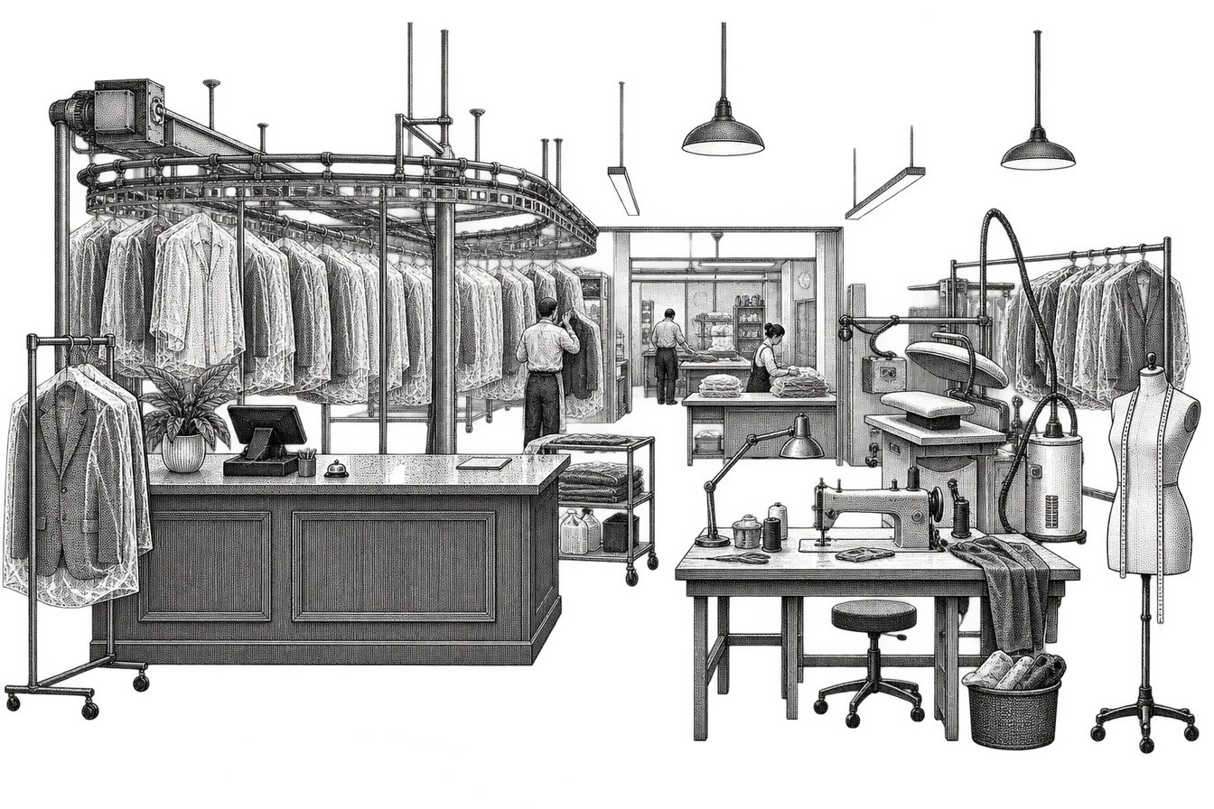 a tailor and dry cleaner shop: a conveyor of bagged garments behind the counter, a steam press, a sewing machine and a dress form