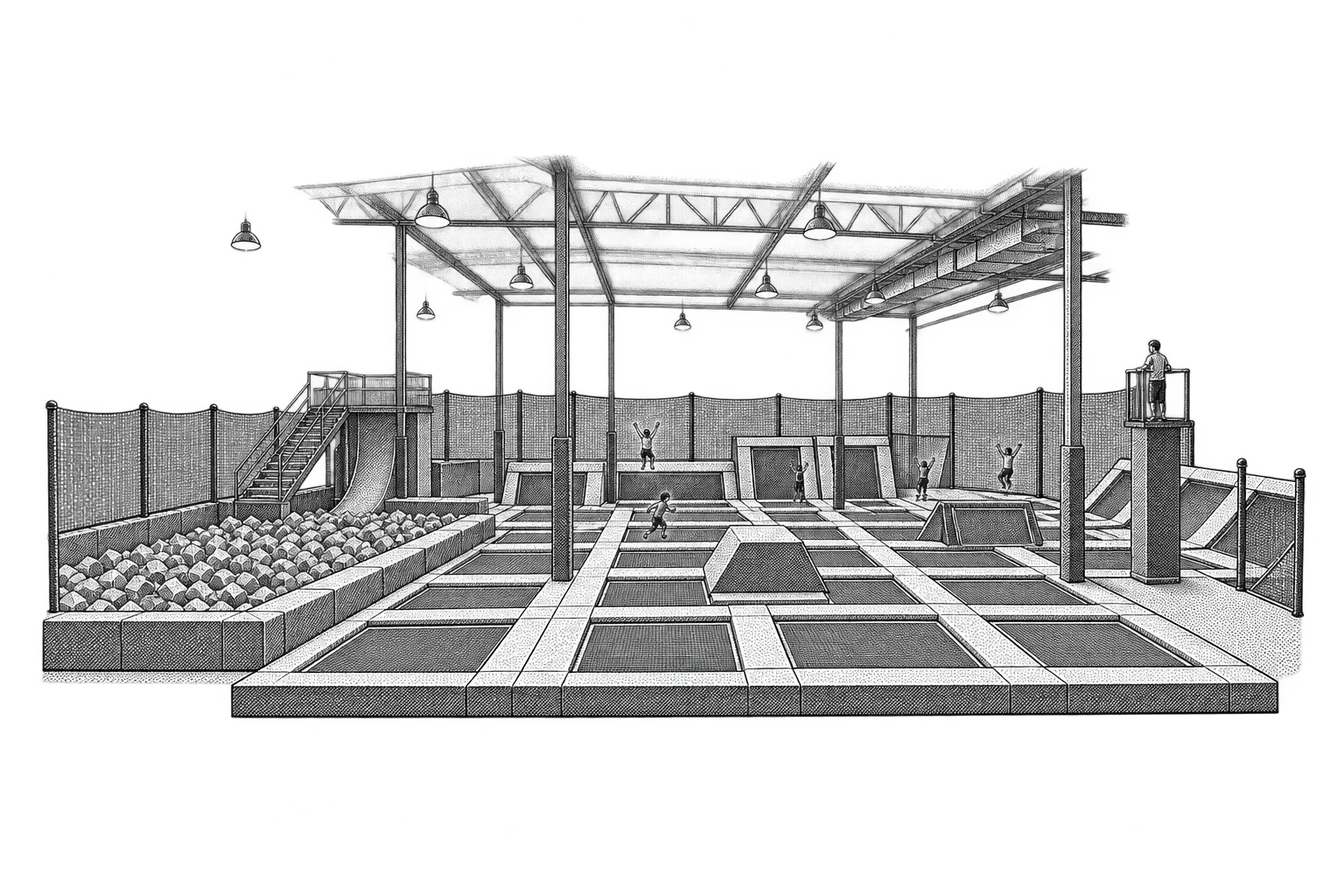 an indoor trampoline park: a grid of trampoline squares with padded edging between them, a foam pit at one side, safety netting and a monitor's post