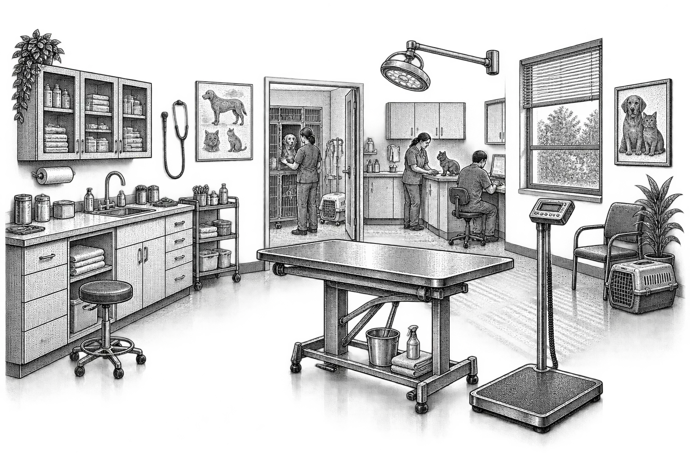 a veterinary exam room: a stainless steel exam table with a floor scale beside it, a supplies cabinet, a wall chart and a stethoscope