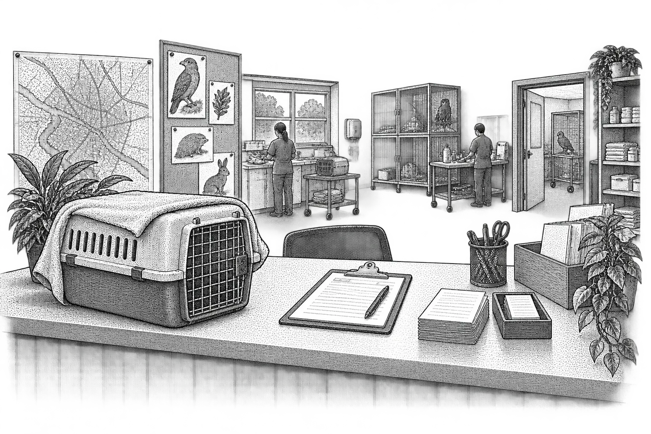 a wildlife rehabilitation center intake desk: a covered carrier box set on the counter, an intake form on a clipboard with the arrival time being written in, a local street map pinned on the wall behind, and a pad of numbered reference slips