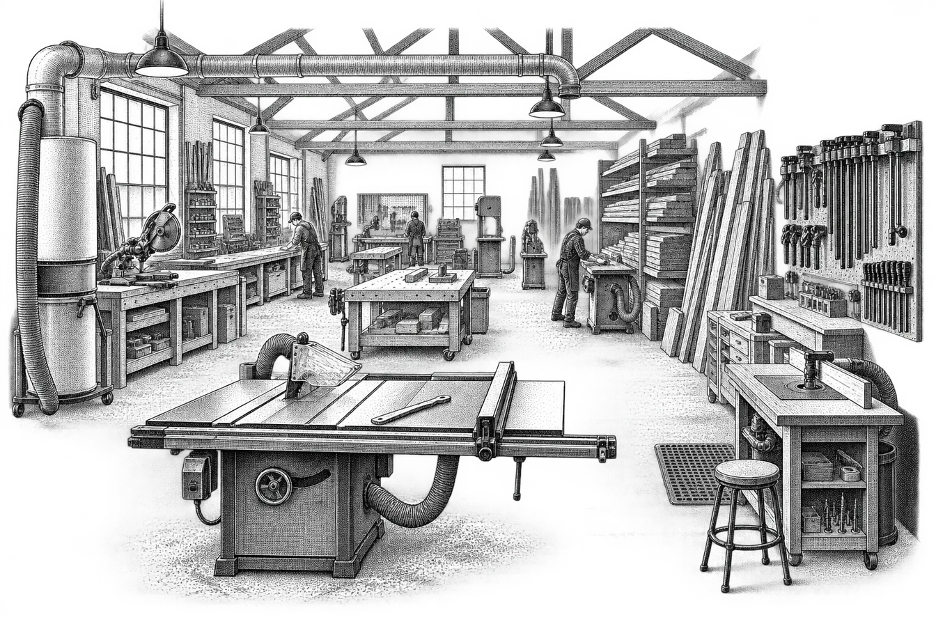a woodworking shop: a table saw with its blade guard and a push stick, a router table, clamps on a wall rack and stacked timber